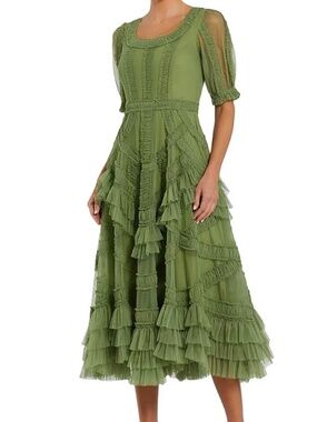 Mesh Ruffled Scoopneck Midi-Dress
